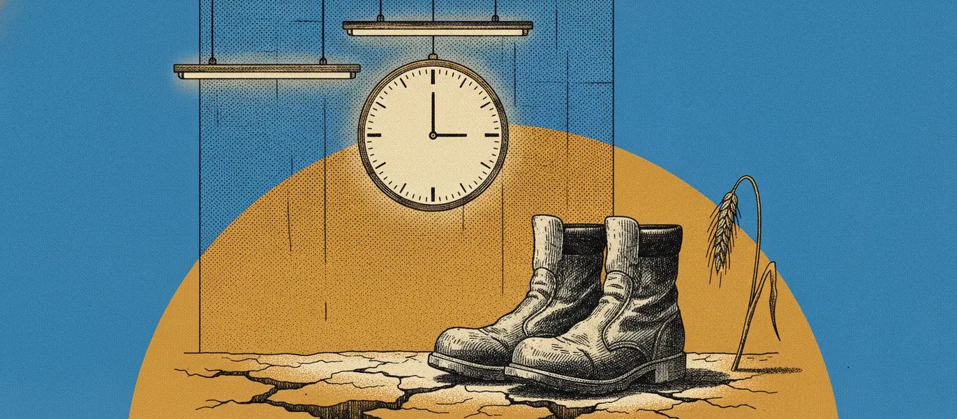 Botas de trabalho gastas na terra seca ao lado de um talo de trigo murchando, com um relógio sem ponteiros na parede ao fundo