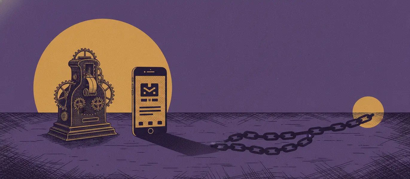 Relógio de ponto antigo e celular com aplicativo de entrega, lado a lado no chão de concreto, projetando sombras em forma de correntes em direção a um círculo de luz