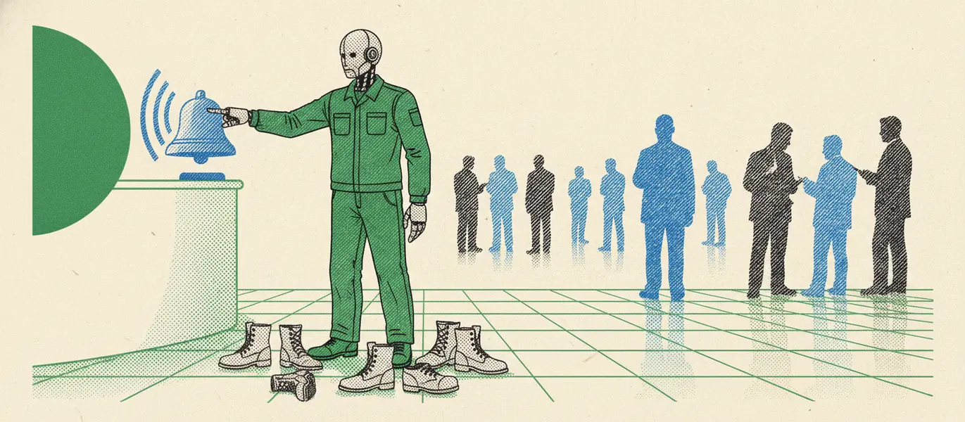 Robô humanoide toca o sino de abertura da bolsa de valores enquanto botas de trabalho humanas jazem abandonadas no chão