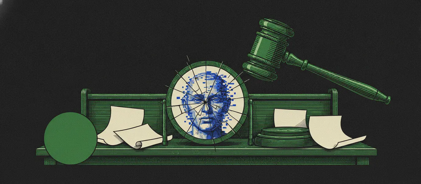 Martelo de juiz bate em espelho rachado refletindo rosto pixelado e distorcido, sobre mesa coberta de documentos em branco