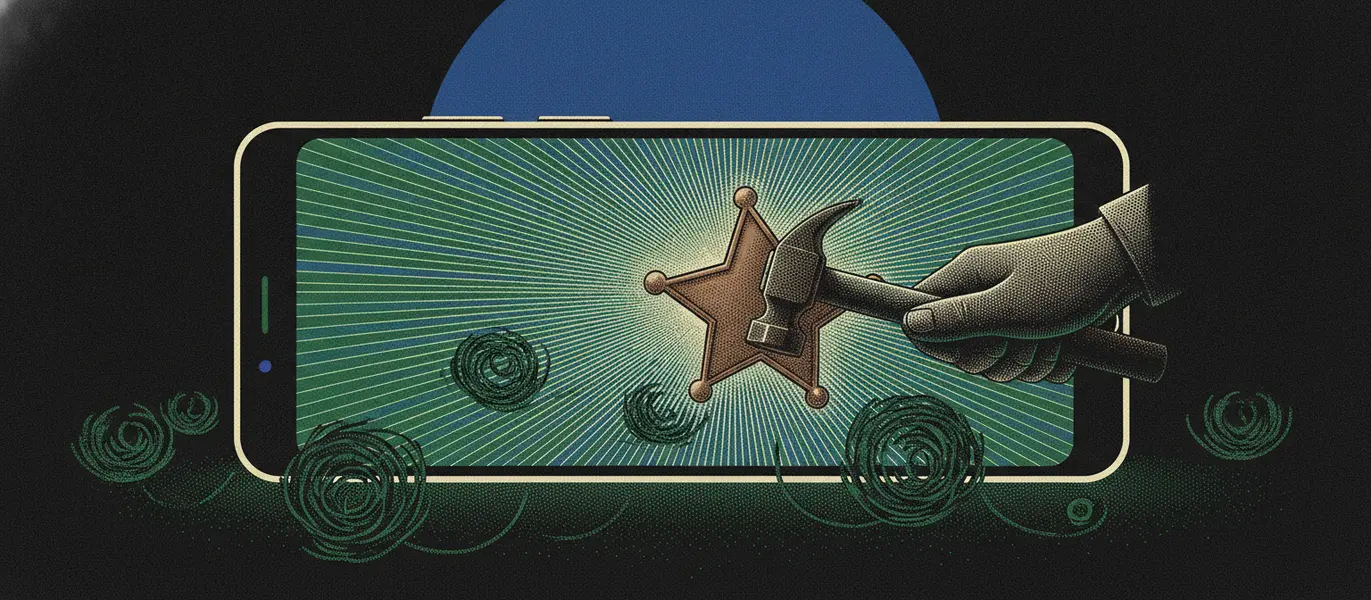 Tela de smartphone gigante em cenário de faroeste desértico recebendo uma estrela de xerife pregada em sua moldura