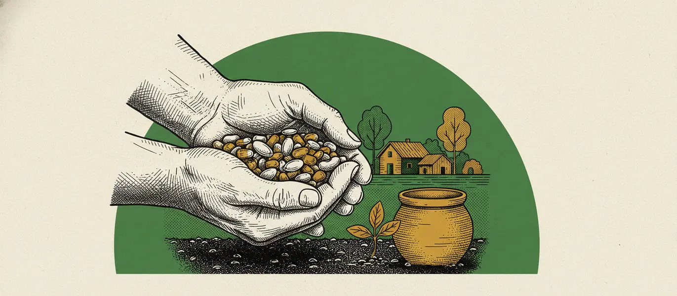 Mãos camponesas segurando sementes variadas sobre terra fértil, com uma muda brotando ao lado, simbolizando a agricultura familiar e a biodiversidade como base da soberania alimentar