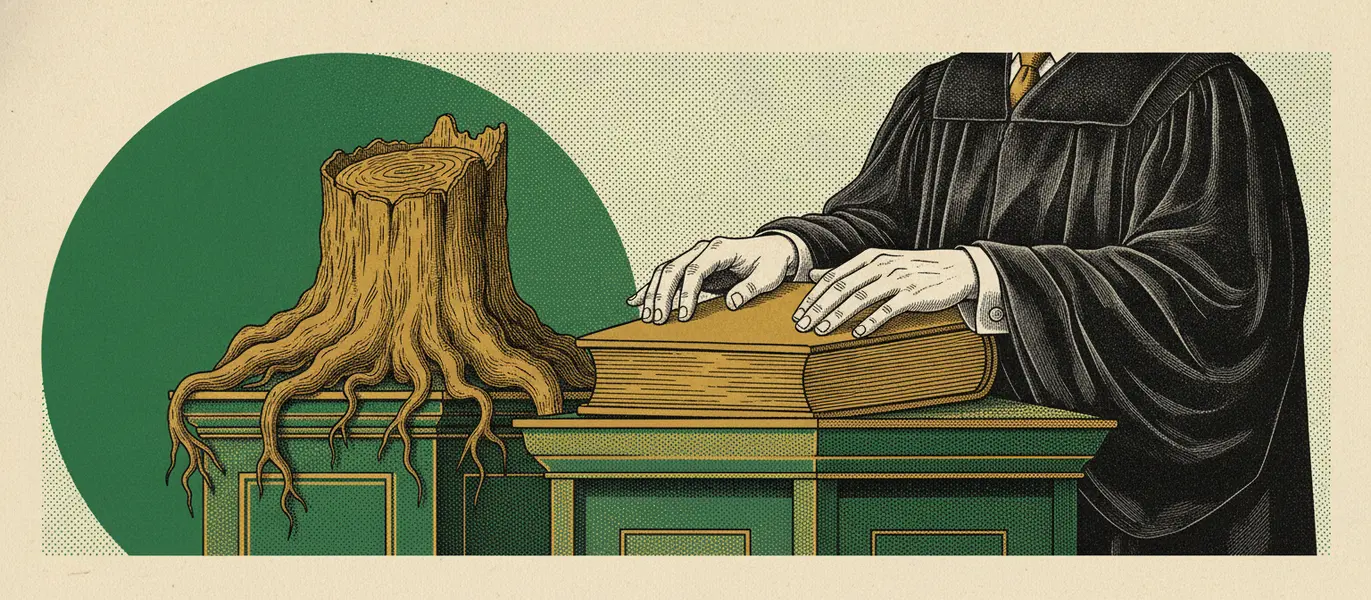 Ilustracao editorial da coluna: A Amazônia no banco dos réus: quando um desembargador decide o destino de um bioma