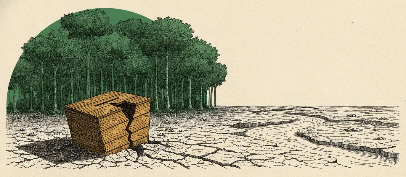 Urna eleitoral rachada e seca no leito vazio de um rio amazônico, com a floresta ao fundo lançando sombra sobre ela