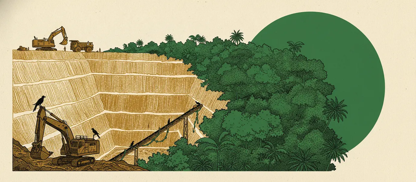 Mina a céu aberto abandonada sendo retomada pela selva tropical, com maquinário enferrujado coberto por vegetação e pássaros pousados sobre as estruturas