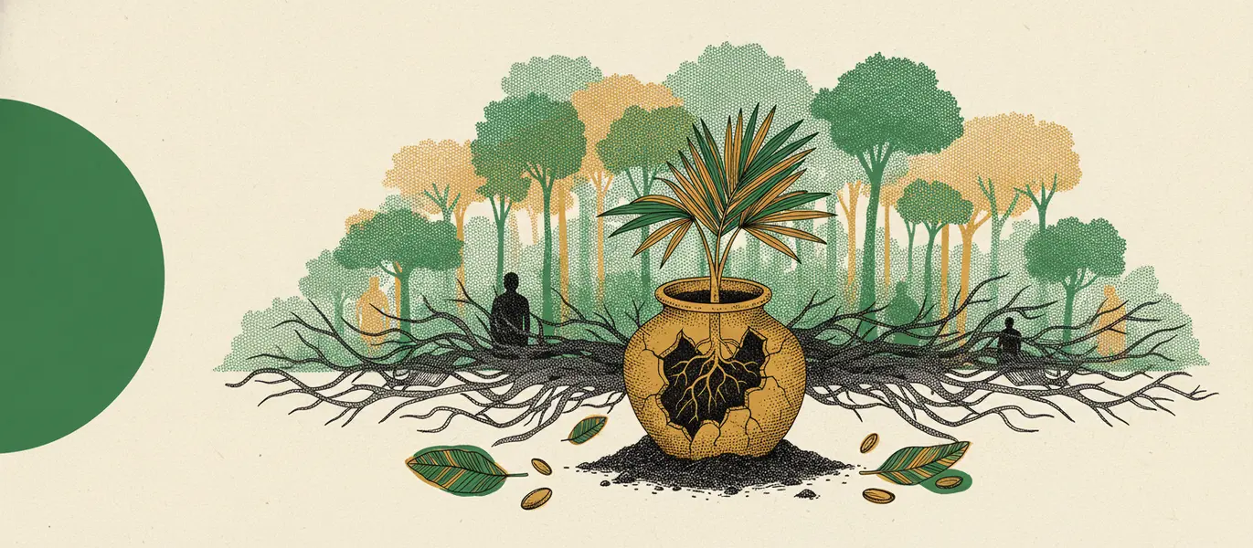 Vaso de barro enterrado na terra com palmeira dendê nascendo de dentro, raízes entrelaçadas a sementes e folhas medicinais ao redor