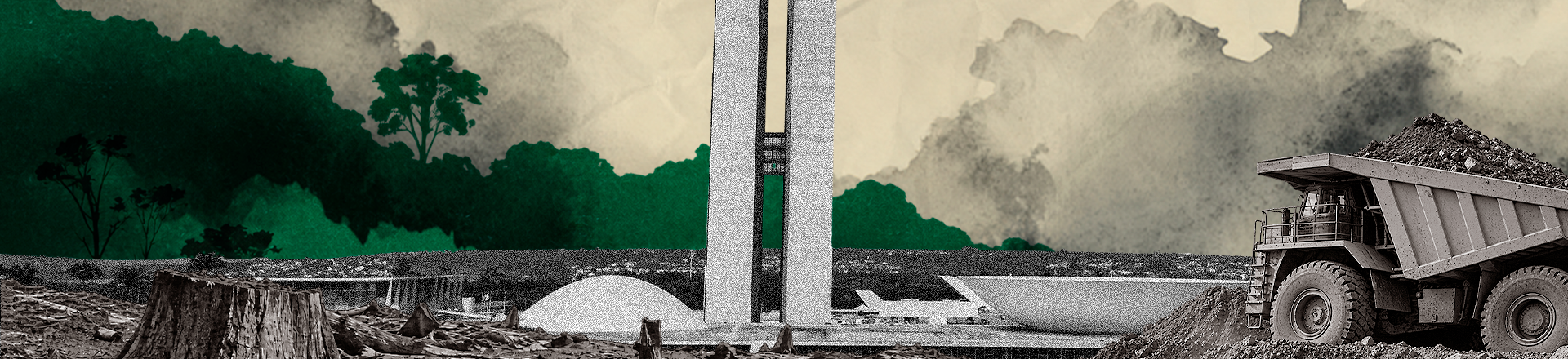 Ilustração mostrando o Congresso Nacional ao fundo com elementos visuais de seca, calor extremo e ondas de calor, representando a relação entre política legislativa e crise climática no Brasil
