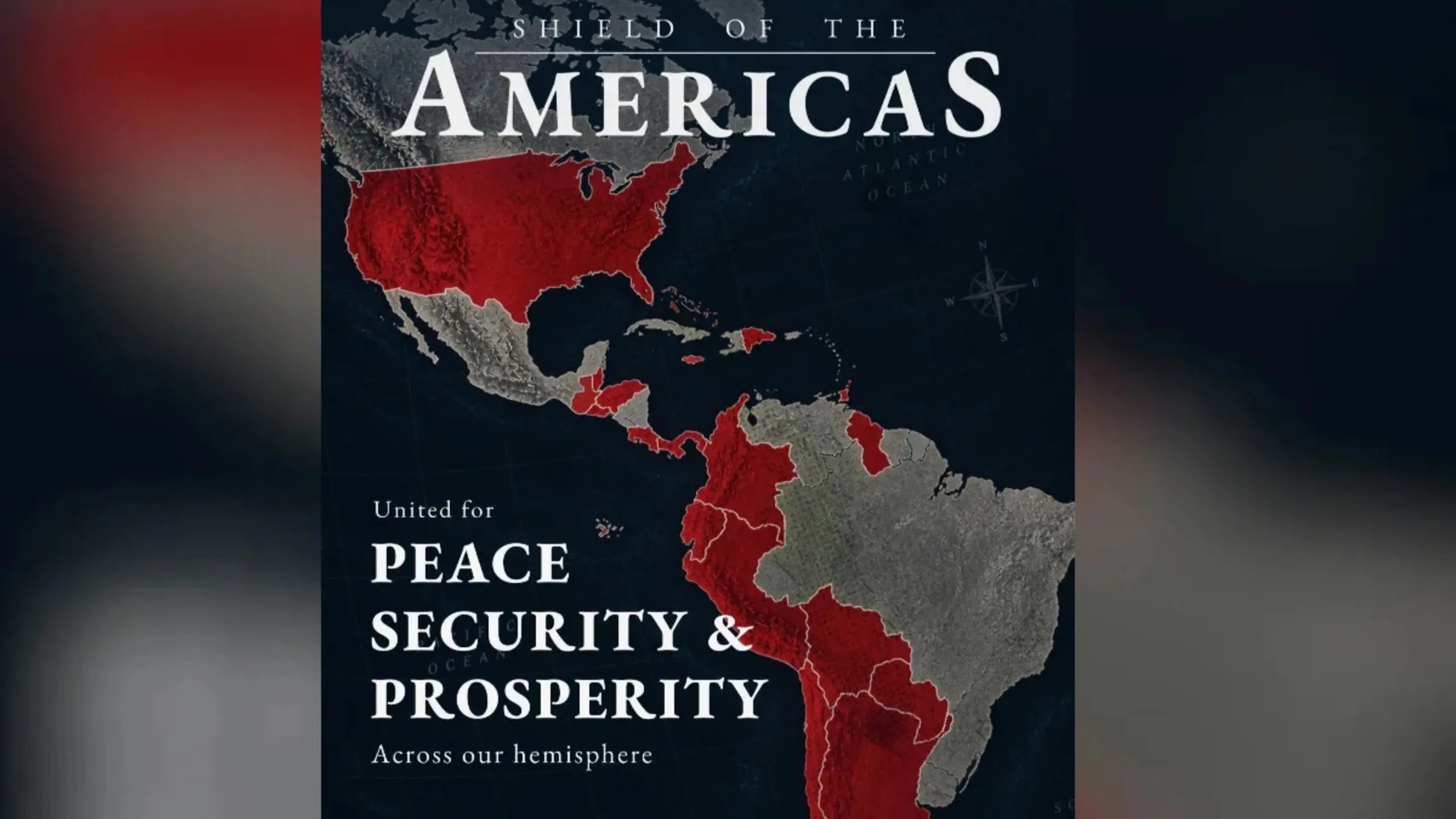 Mapa do continente americano publicado pelo Departamento de Estado dos EUA destacando em vermelho os países aliados da aliança Escudo das Américas, com o Brasil fora do grupo de nações alinhadas aos interesses norte-americanos.