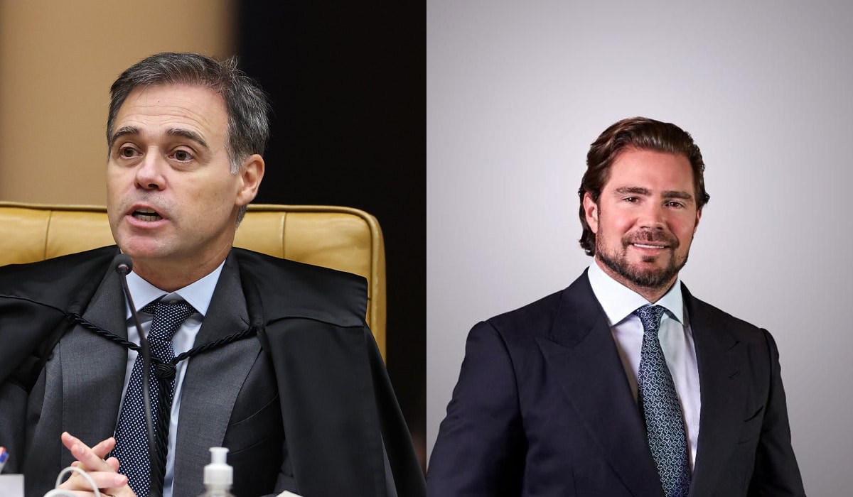 Ilustração representando documentos da Polícia Federal com destaque para mensagens interceptadas citando o empresário Lucas Kallas em contexto de suposto vazamento de informações sobre investigação do Banco Master
