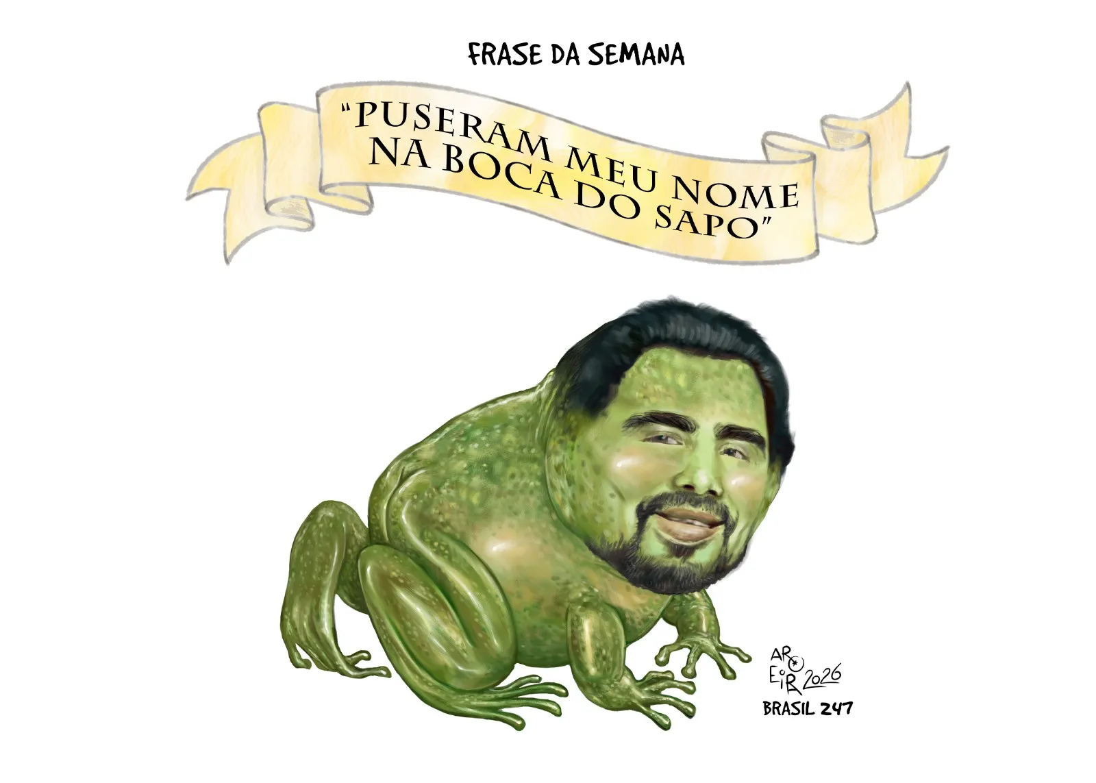 Charge do cartunista Aroeira publicada no Brasil 247, com ilustração satírica de um sapo cantando alegremente como metáfora de crítica política ao cenário brasileiro.