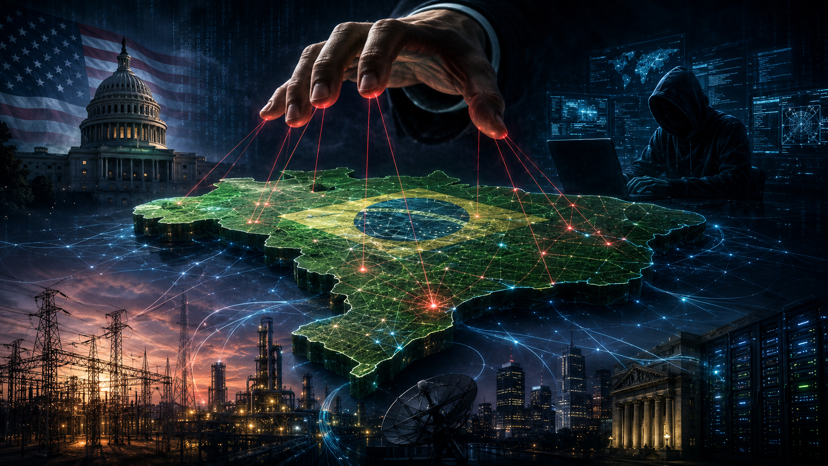 Ilustração representando o mapa do Brasil com bandeiras estrangeiras ao fundo, simbolizando disputa de soberania nacional