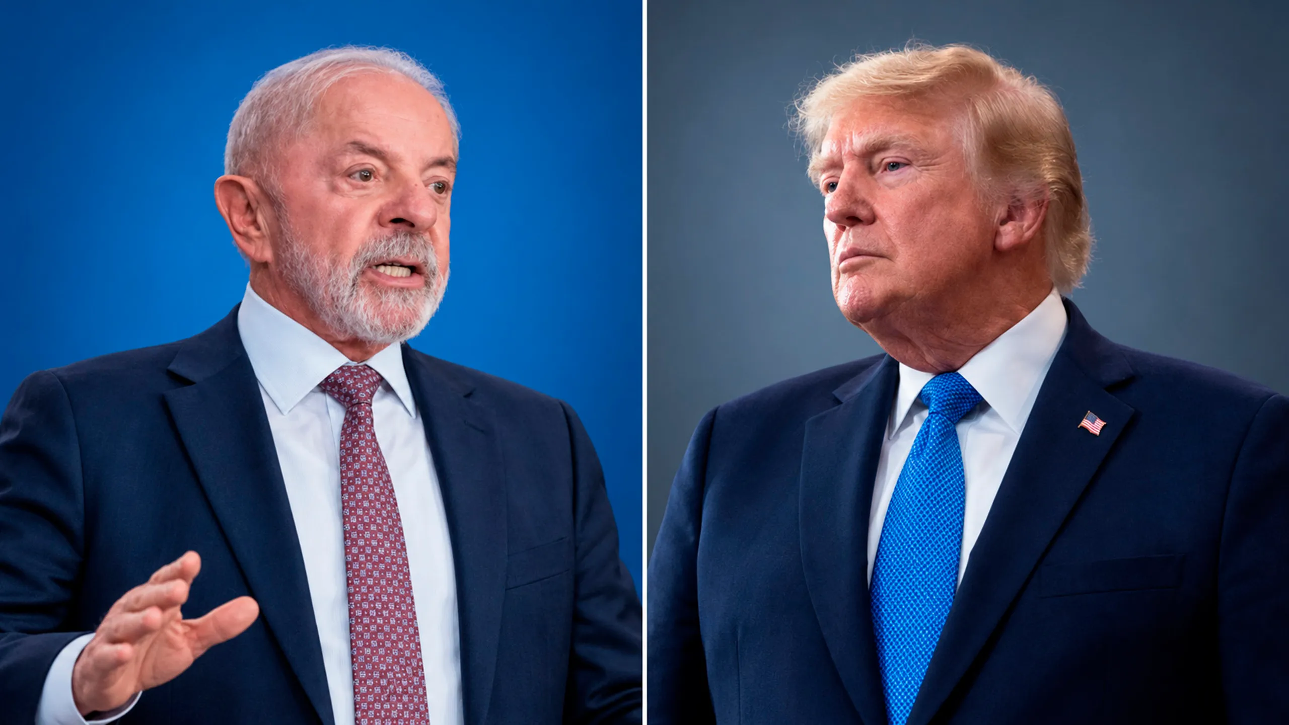Ilustração representando a tensão geopolítica entre Brasil e Estados Unidos com simbologias de Lula e Trump ao fundo de um mapa-múndi
