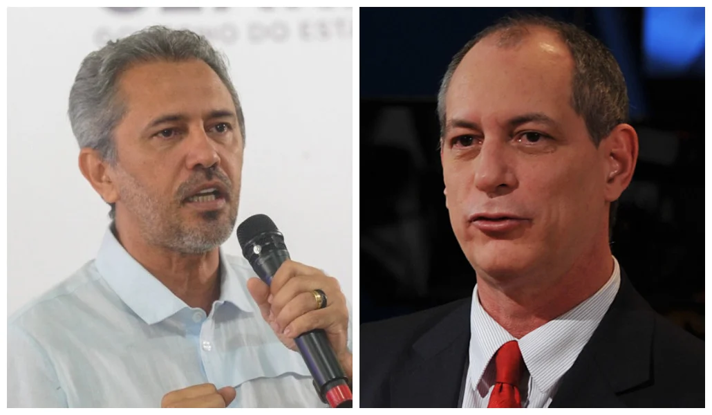 Arte com os rostos de Elmano de Freitas e Ciro Gomes lado a lado com o mapa do Ceará ao fundo, representando o empate técnico apontado pela pesquisa AtlasIntel para as eleições estaduais.