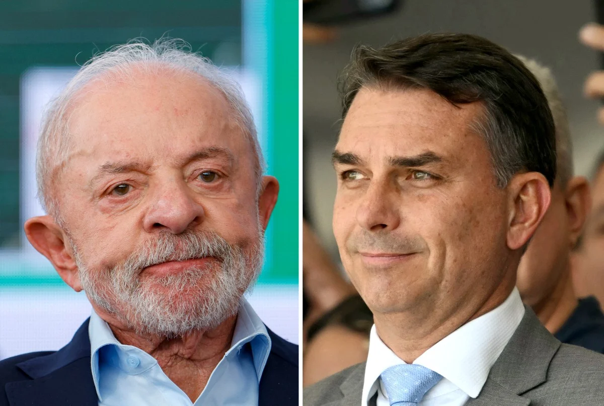 Ilustração representando uma pesquisa eleitoral com os nomes Lula e Flávio Bolsonaro em destaque, simbolizando um segundo turno hipotético nas eleições brasileiras de 2026.