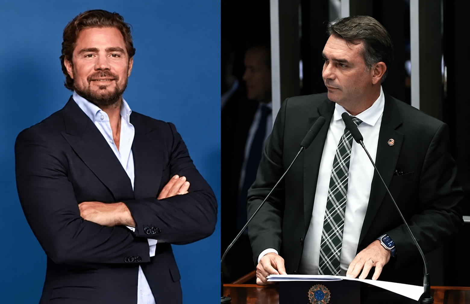 Montagem com foto do senador Flávio Bolsonaro ao lado do banqueiro Daniel Vorcaro, com ícone de telefone ao centro simbolizando o contato após a soltura