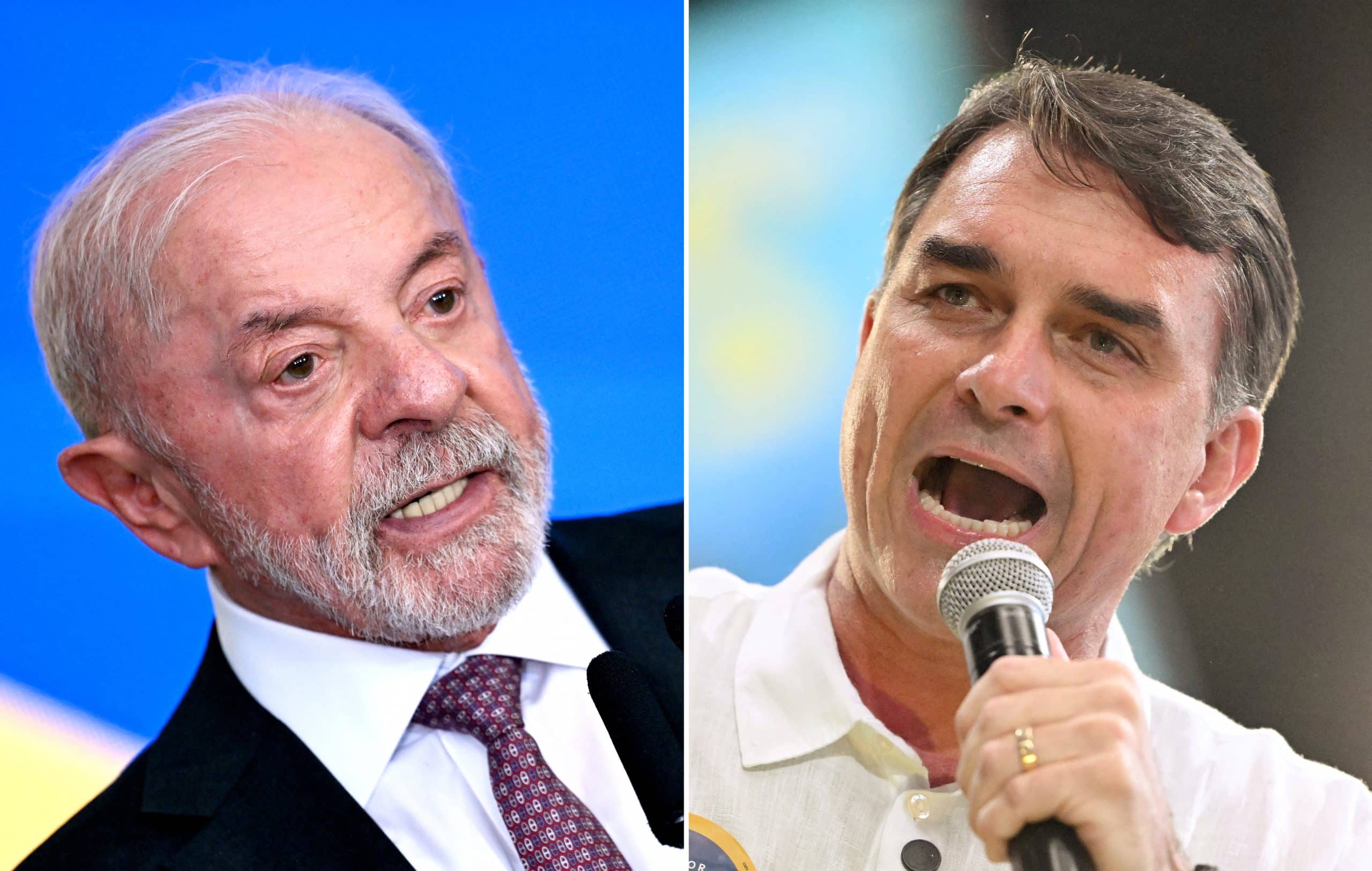 Gráfico de pesquisa eleitoral Ipespe mostrando Flávio Bolsonaro com 52,7% e Lula com 47,3% dos votos válidos no segundo turno presidencial, dentro da margem de erro de 2,6 pontos percentuais