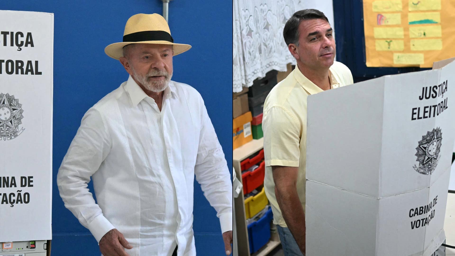 Arte com os rostos de Lula e Flávio Bolsonaro lado a lado, separados por uma urna eletrônica, com o texto '2º Turno 2026' ao centro e barras de pesquisa eleitoral ao fundo