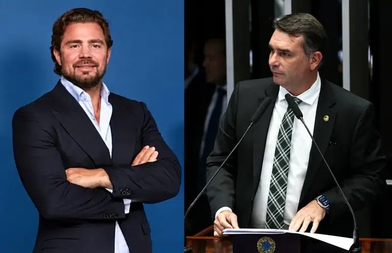 Montagem com foto de Flávio Bolsonaro ao lado de logotipo do Banco Master, ilustrando reportagem sobre fake news do senador acerca de seus vínculos com Daniel Vorcaro