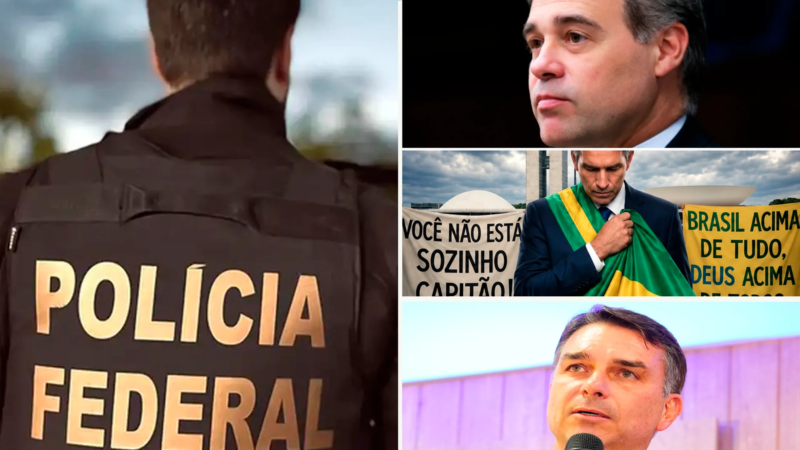 Ilustração representando documentos de inquérito policial com logotipos da Polícia Federal e do STF ao fundo, referentes ao caso Dark Horse envolvendo Flávio Bolsonaro