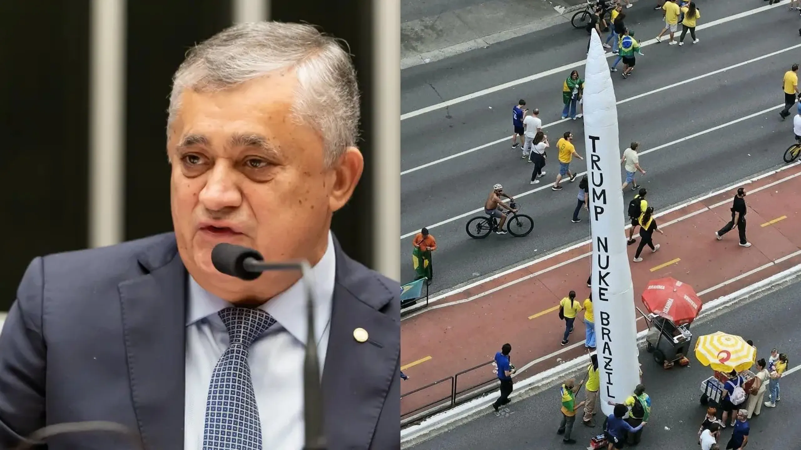Manifestantes bolsonaristas exibem míssil inflável na Avenida Paulista com mensagem pedindo ataque nuclear ao Brasil durante ato em apoio a Flávio Bolsonaro