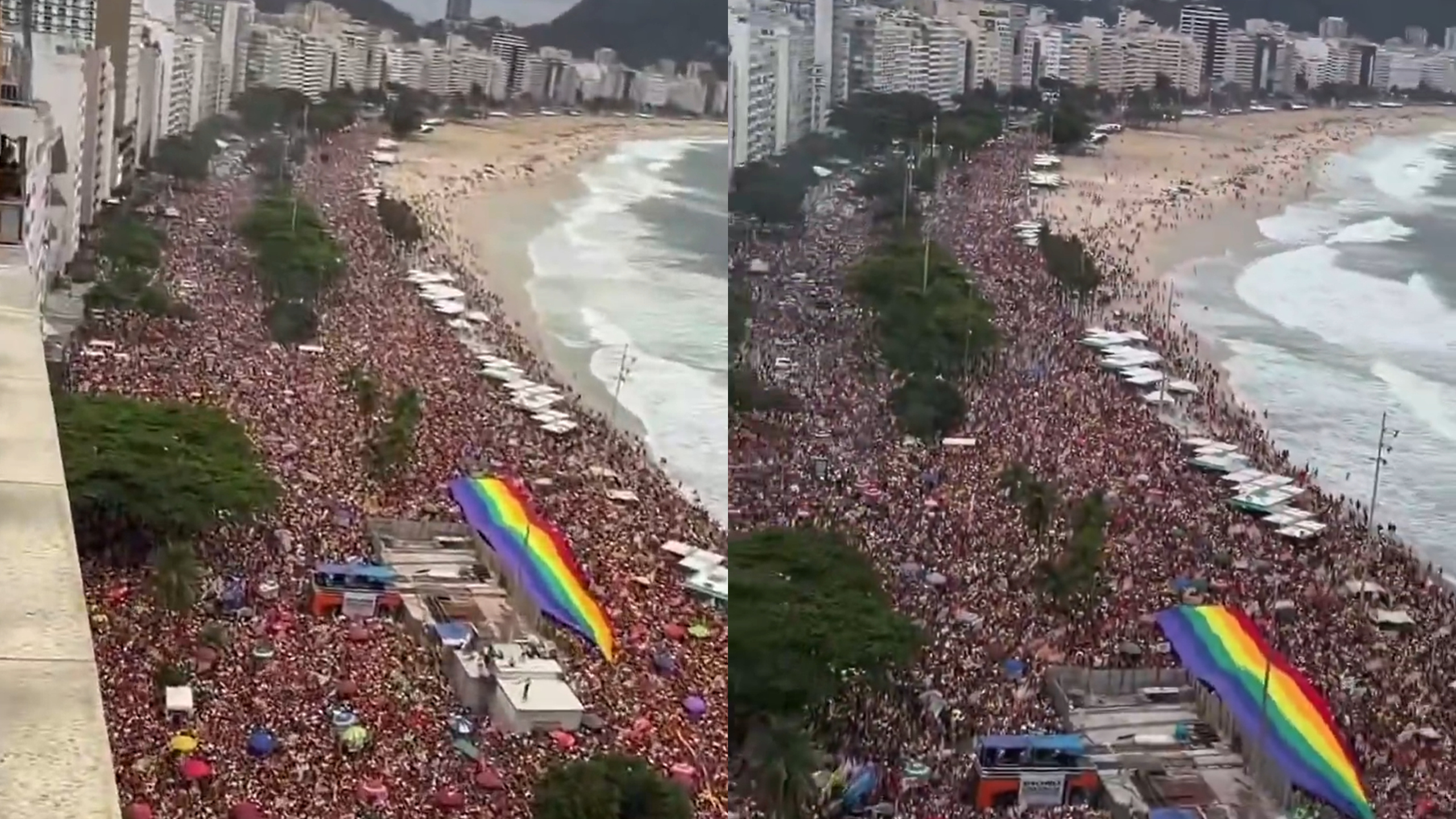 Multidão reunida na Avenida Atlântica em Copacabana durante ato político e musical em apoio à reeleição do presidente Lula, com artistas se apresentando ao vivo