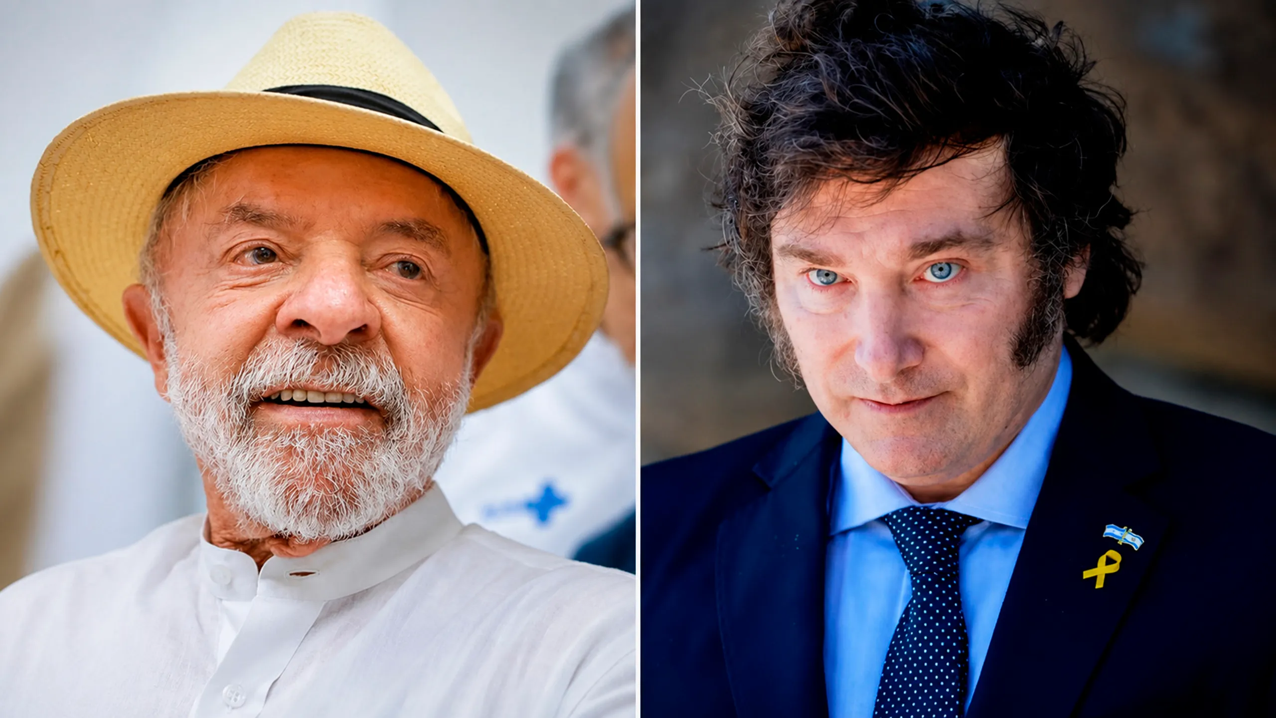 Montagem com as fotos de Javier Milei e Flávio Bolsonaro ao lado de um smartphone exibindo publicação de ataque a Lula nas redes sociais
